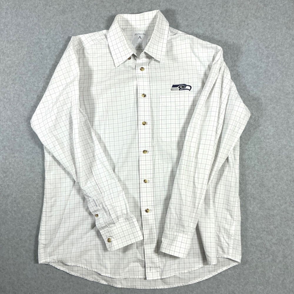 Antigua Seattle Seahawks NFL Button Down Shirt Mens Large White Check L/S